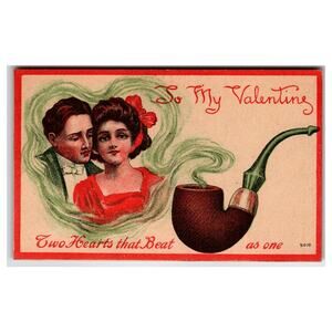 Vintage Valentine's Day Postcard Two Hearts That Beat As One Pipe Art